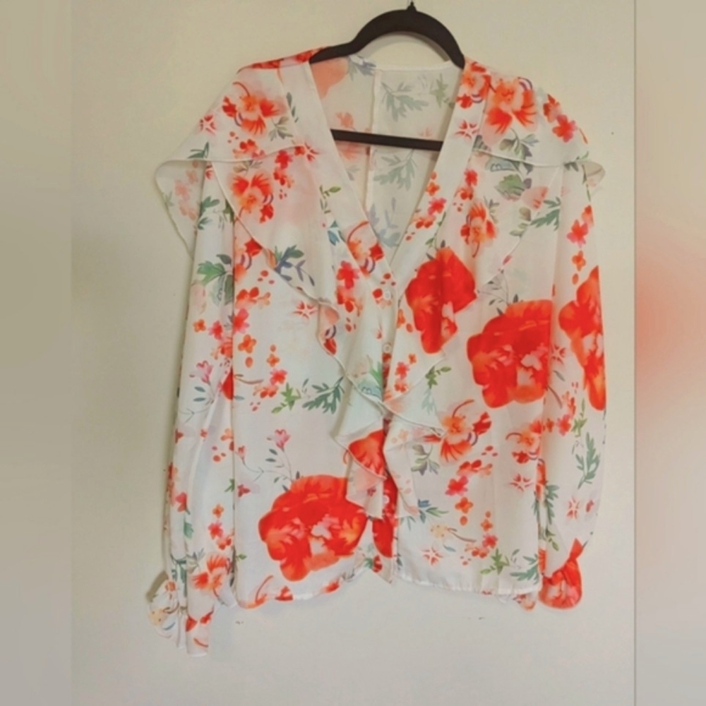 Floral Ruffle Women's Top - Orange and White XL - Picture 8 of 11